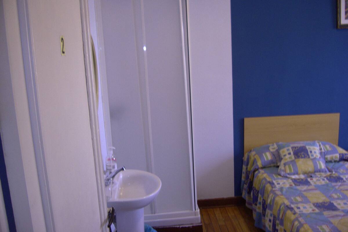 A bedroom with a bed, a nightstand, a sink, and a shower.