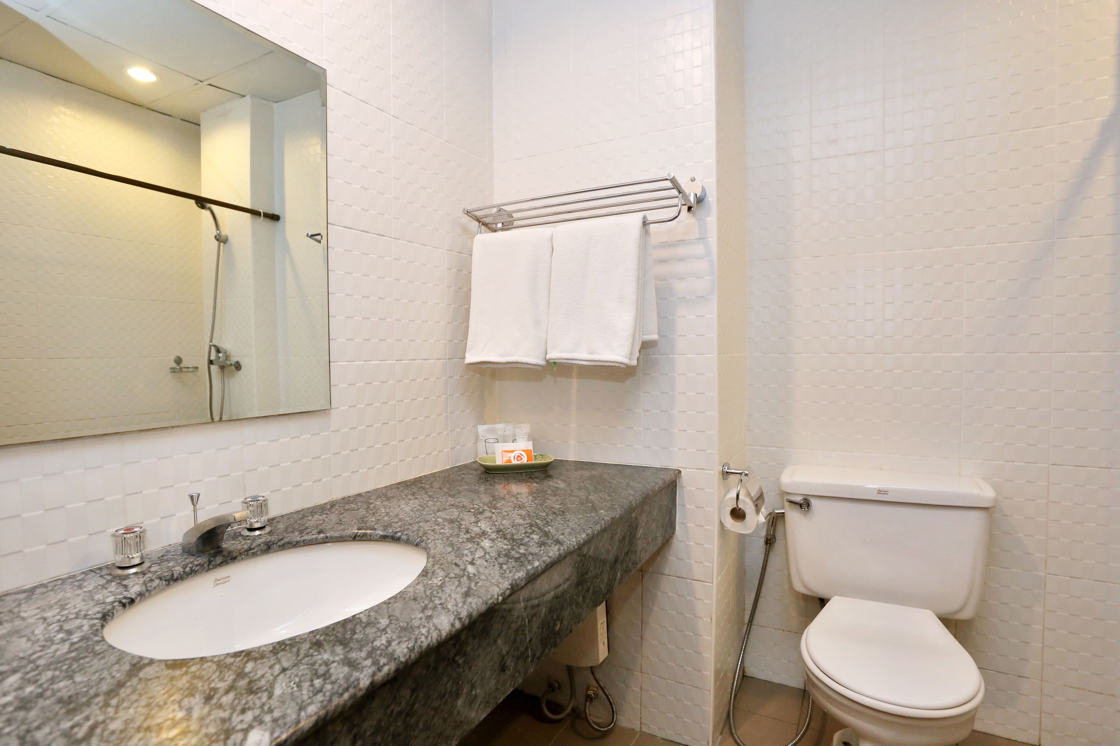 A bathroom with a marble sink, a toilet, and a towel rack with two white towels.