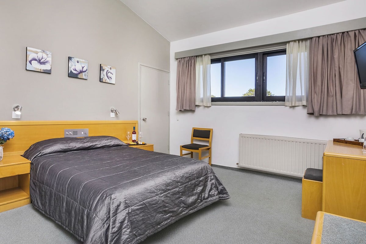Hotellihuone, jossa on sänky, puinen yöpöytä, tuoli, työpöytä, televisio ja ikkuna, jossa on verhot.
