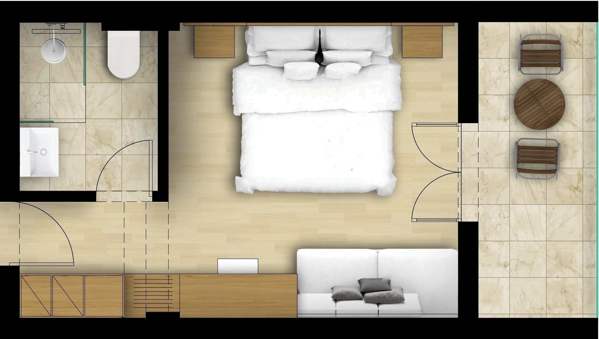Un dormitorio con cama, mesitas de noche, armario y baño con inodoro y lavabo.