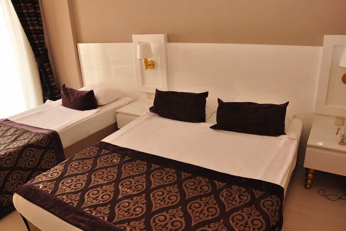Habitación de hotel con dos camas, cada una con una colcha y almohadas estampadas. A cada lado, una mesita de noche con una lámpara.