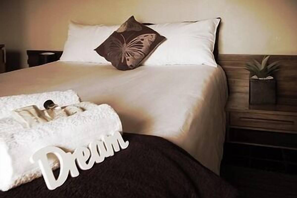 A neatly made bed with a white comforter, a brown pillow, and a white pillow with a floral design. A white towel is draped over the bed, and a small potted plant is on the nightstand.
