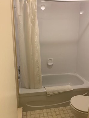 A bathroom with a bathtub, toilet, and a shower curtain.