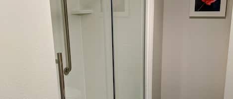 Un baño moderno con cabina de ducha de vidrio, inodoro blanco y suelo de madera.