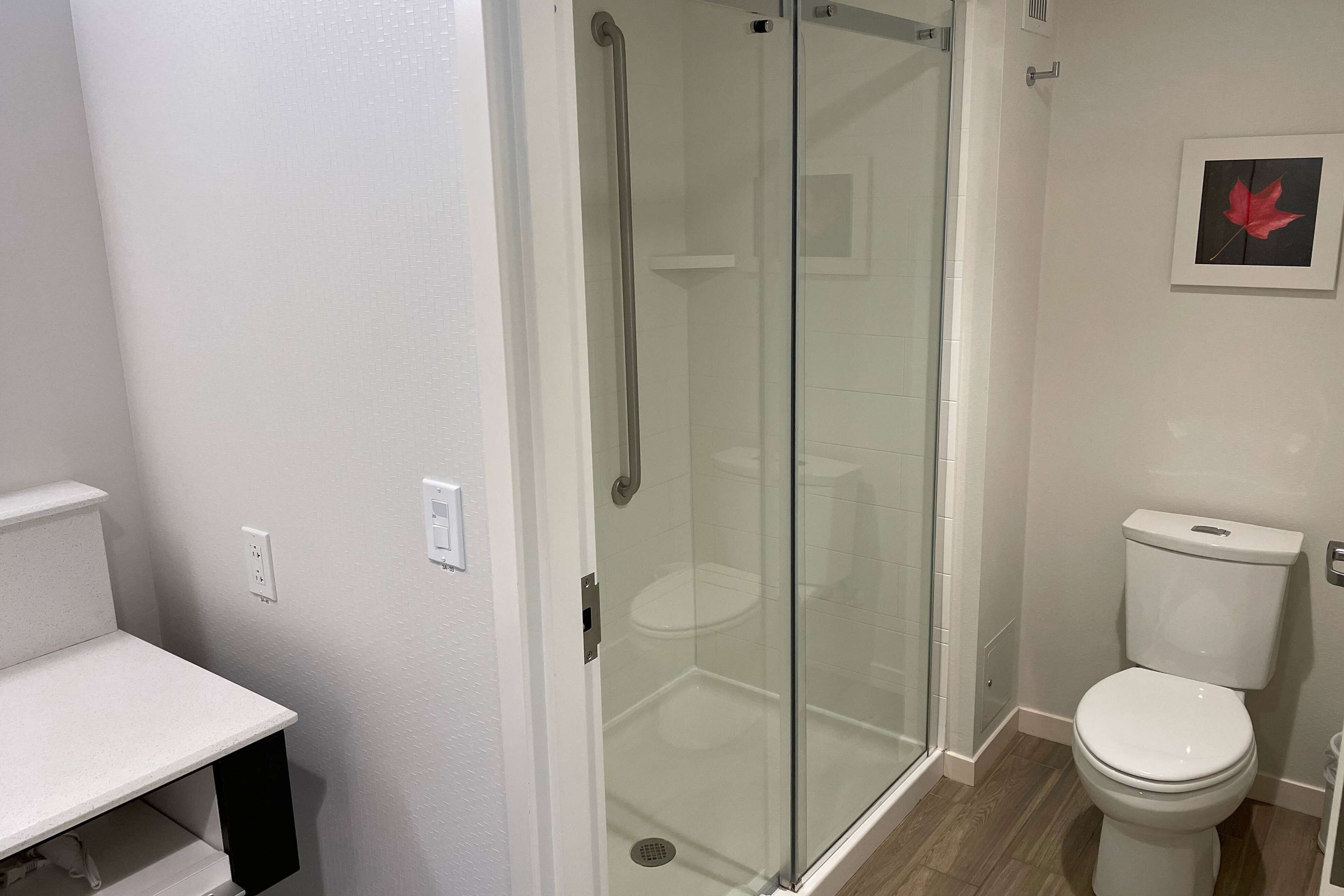 A modern bathroom with a glass-enclosed shower, a white toilet, and a white sink with a countertop.