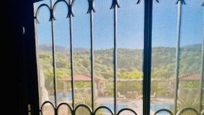 A window with decorative metal bars and a view of a green landscape with buildings.