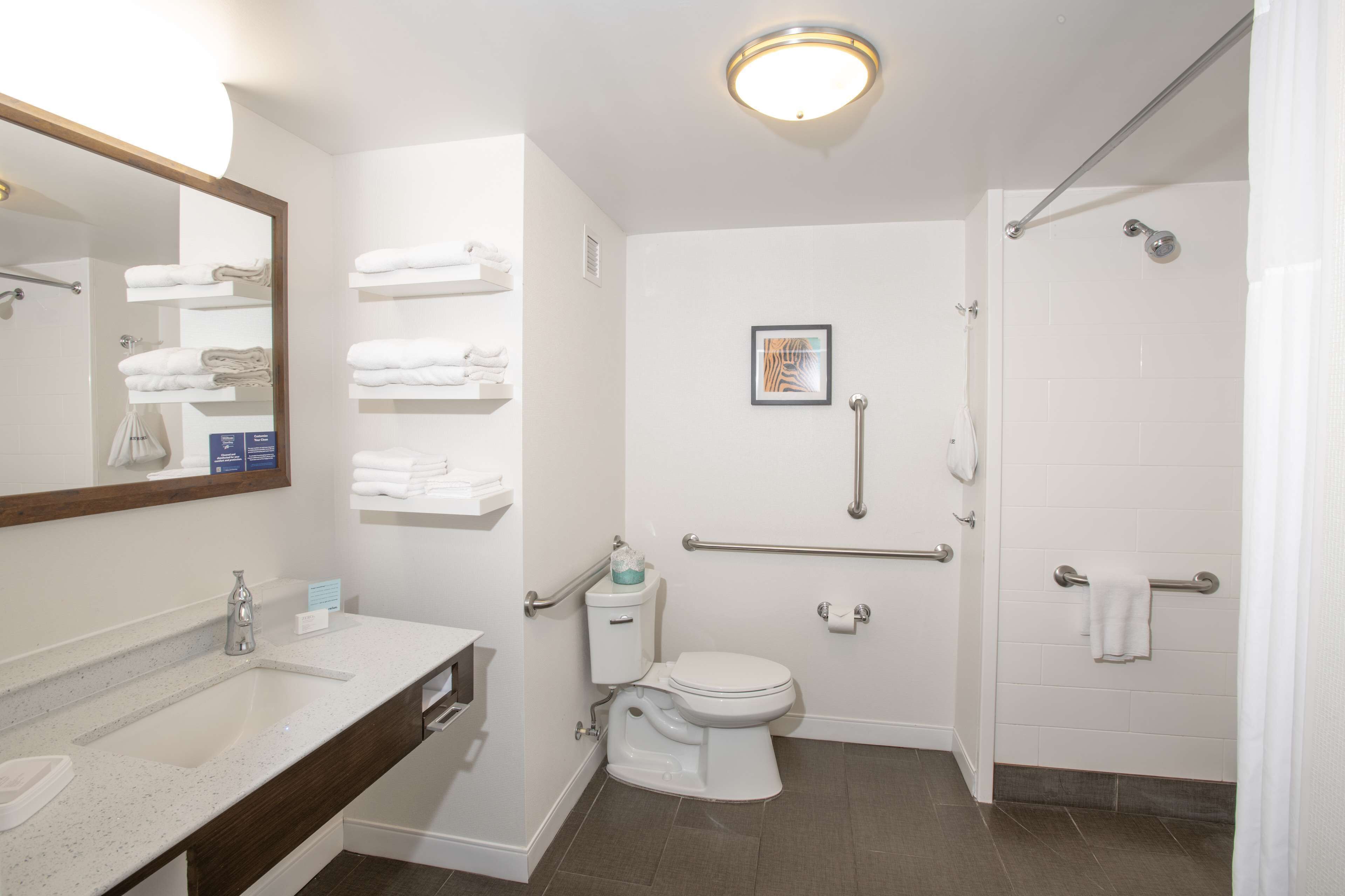 A modern bathroom with a sink, toilet, and shower. There are towel racks and a framed picture on the wall.