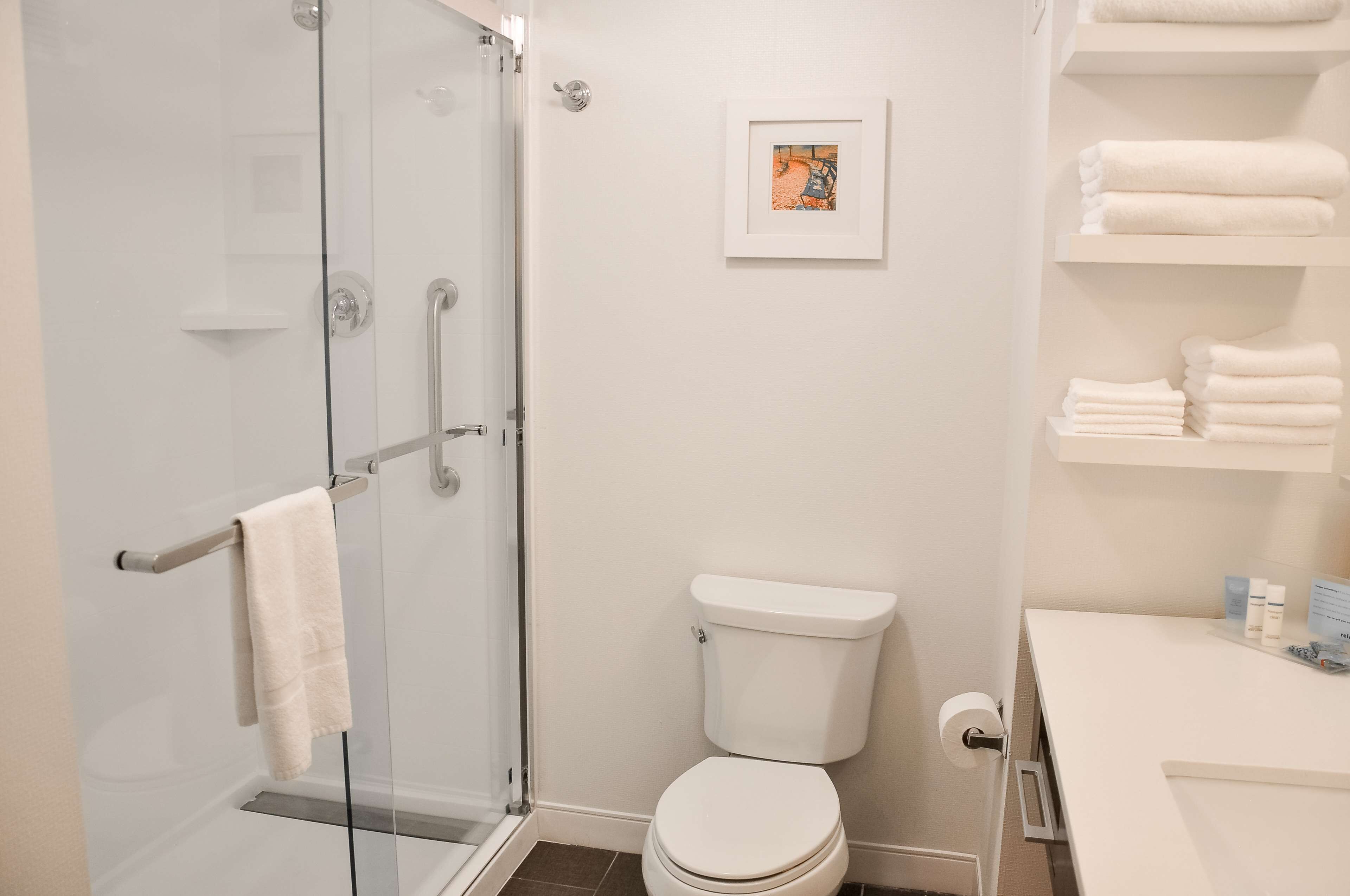 A bathroom with a glass shower enclosure, a toilet, and a shelf with folded towels.