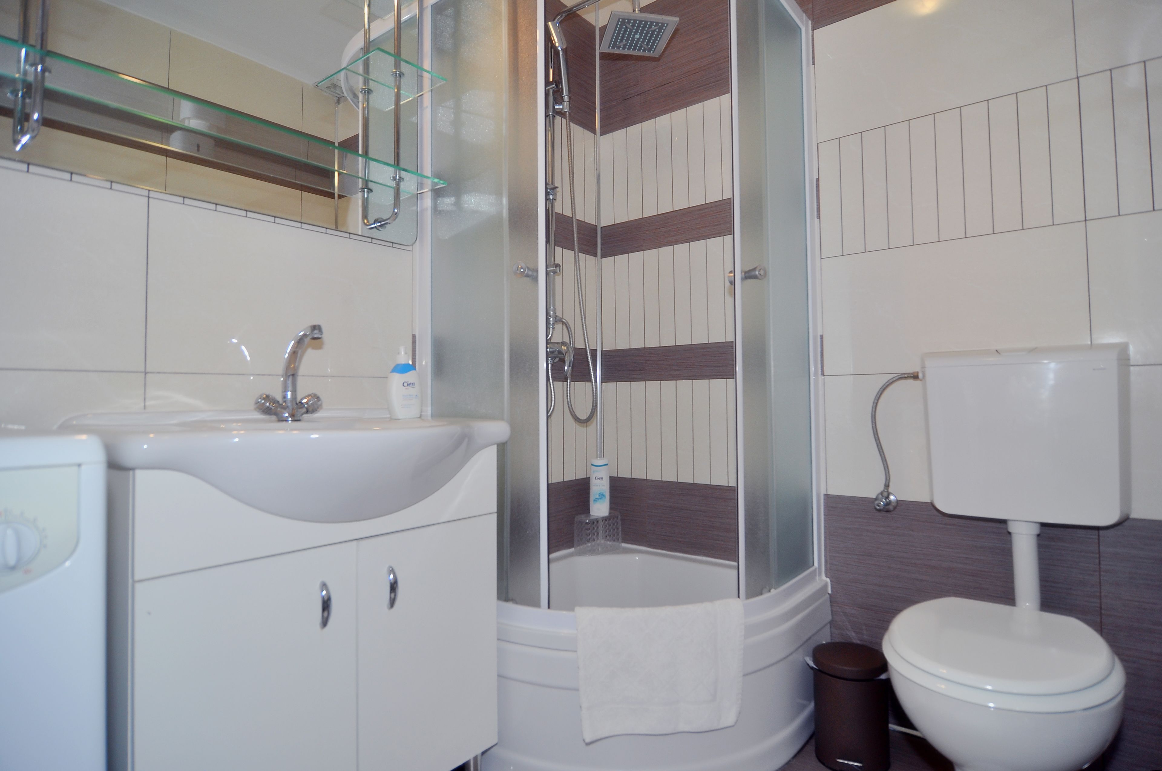 Ein Badezimmer mit Waschbecken, Spiegel, Dusche, Toilette und Mülleimer.