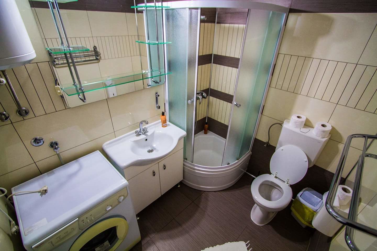 Une petite salle de bain comprenant un lavabo, des toilettes et une douche.
