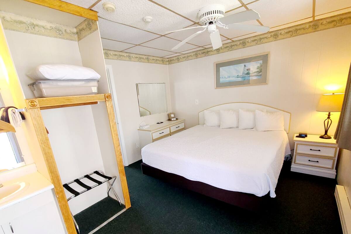 A hotel room with a bed, a bedside table with a lamp, a mirror, a ceiling fan, and a wardrobe.