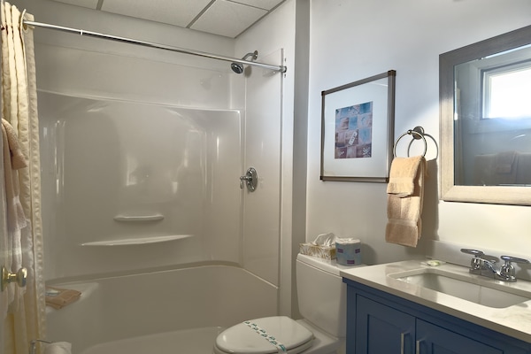 Room, 1 Queen Bed | Bathroom | Combined shower/tub, free toiletries, towels