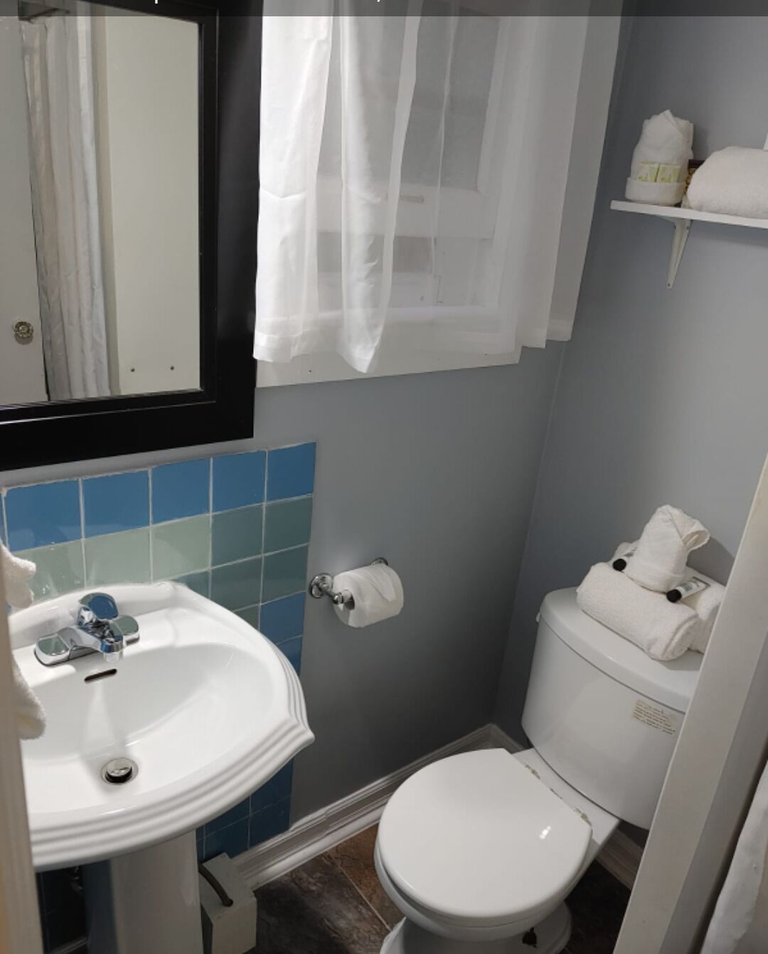 Un bagno piccolo con un lavandino bianco, il water e una tenda da doccia.
