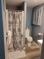 Un baño con cortina de ducha con diseños arquitectónicos, un inodoro y un lavabo.