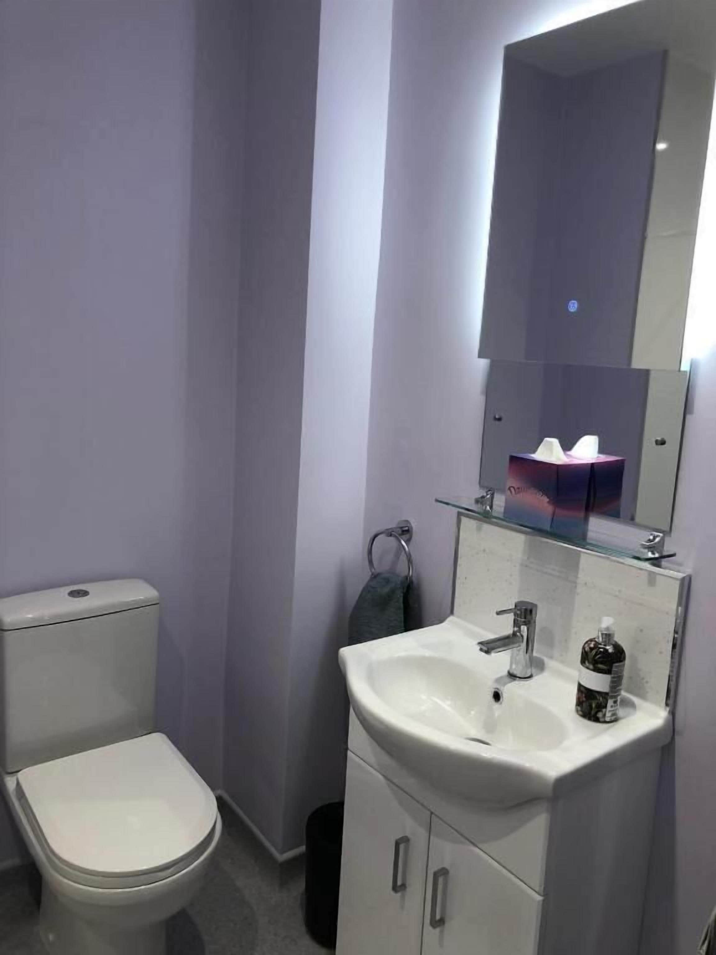 Ein Badezimmer mit Toilette, Waschbecken und Spiegel.