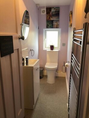 A narrow bathroom with a toilet, sink, and mirror. - High Ways House (Ilfracombe)
