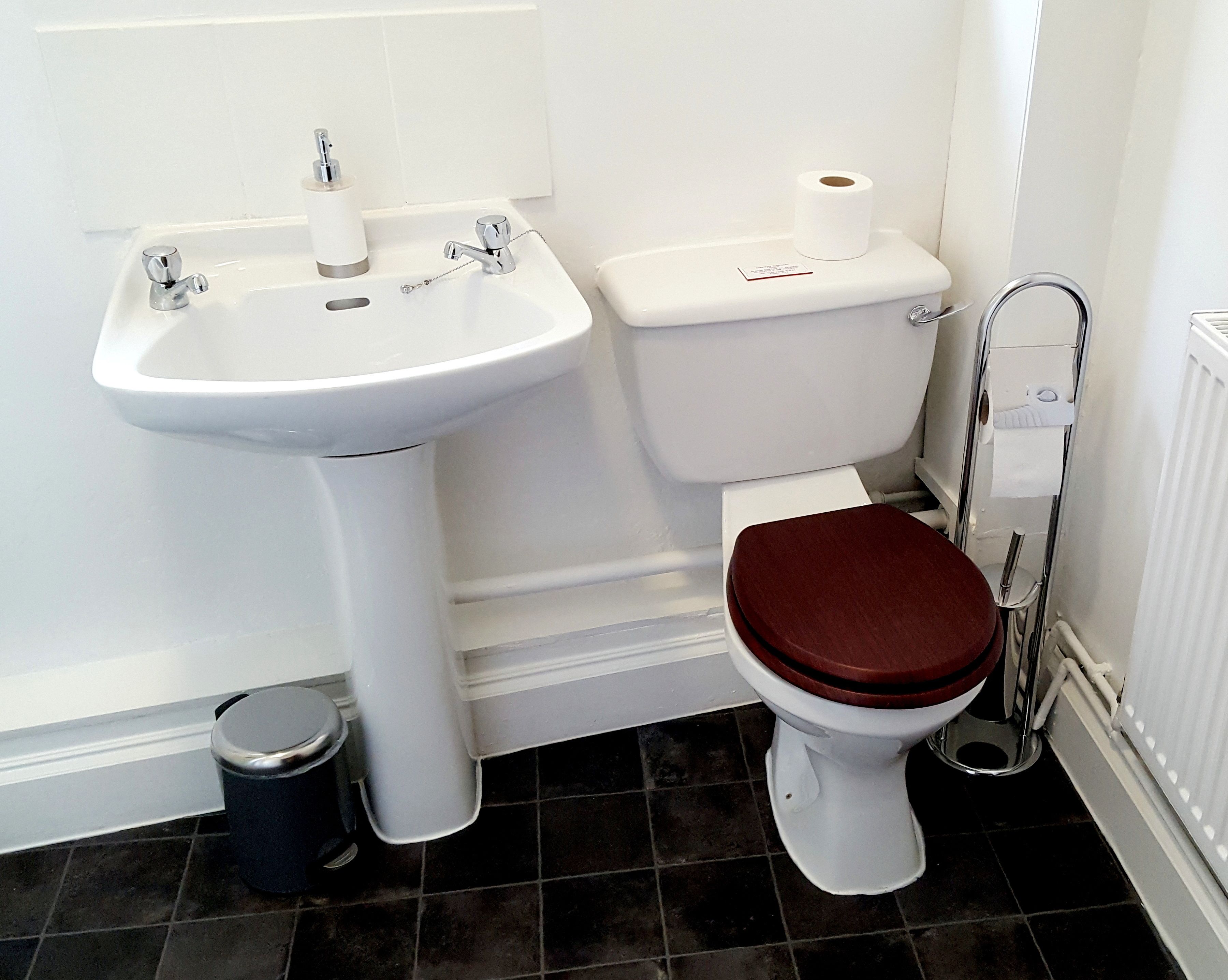 Un baño con lavamanos blanco, un inodoro y un cubo de basura.