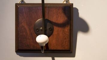 A wall-mounted light fixture with a wooden base and two spherical knobs.