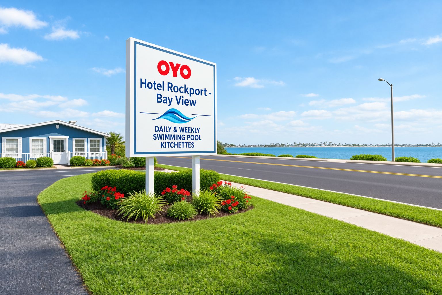 A sign for OYO Hotel Rockport - Bay View advertising daily and weekly swimming pool kitschettes.