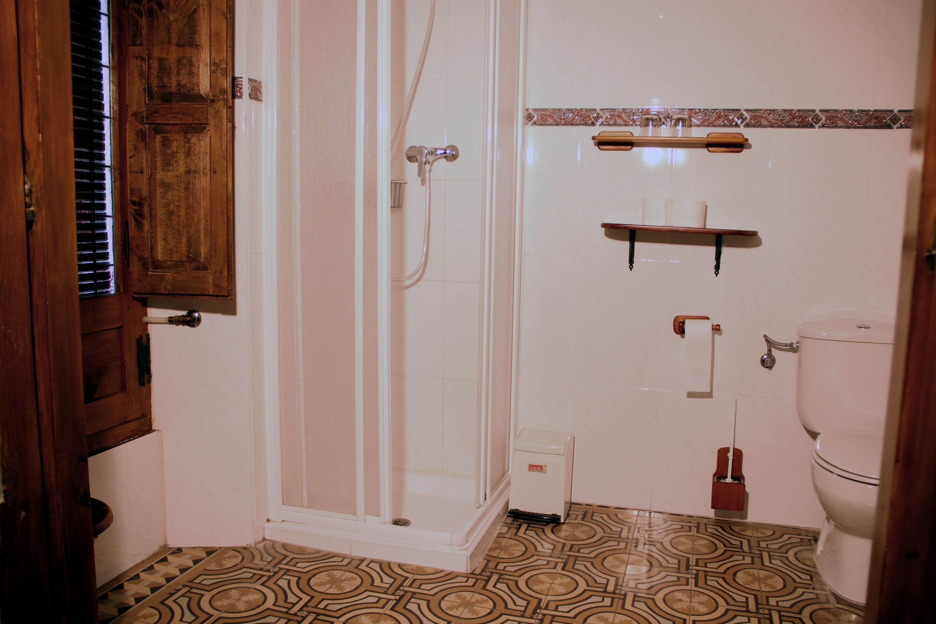 A bathroom with a shower, toilet, and patterned floor tiles.