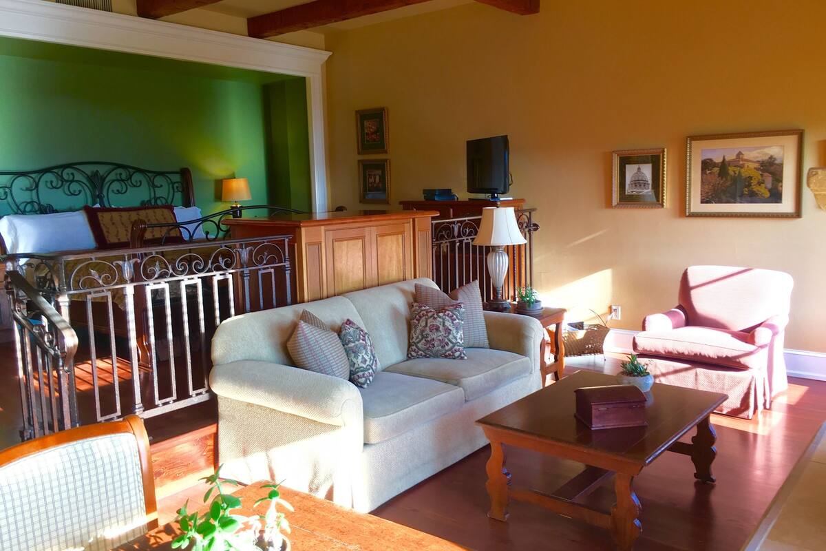 Un salon confortable avec un canapé, un fauteuil et une table basse. On y trouve également un téléviseur, une lampe et une plante sur une table d’appoint.