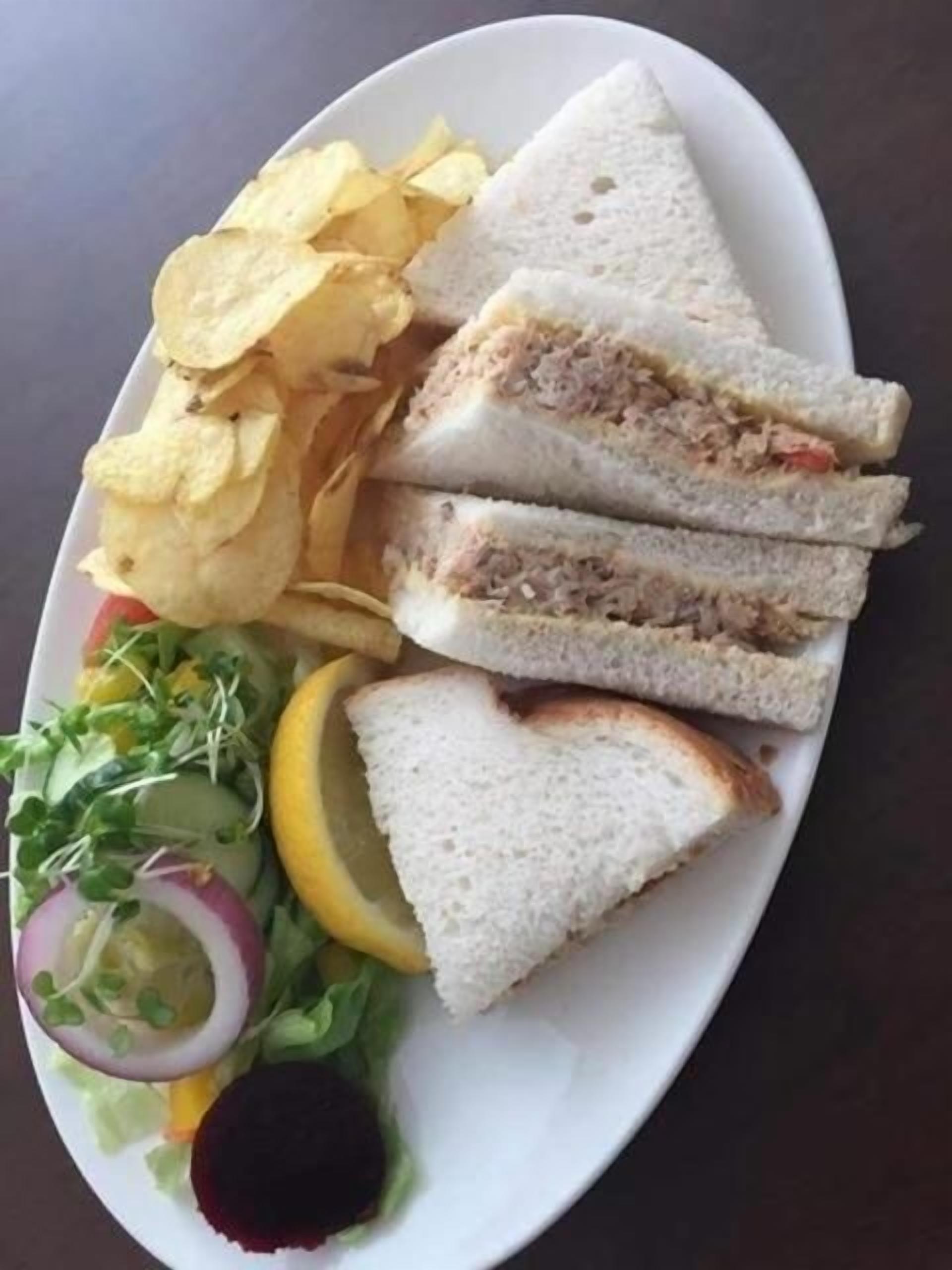 A plate with a sandwich, chips, and a salad.