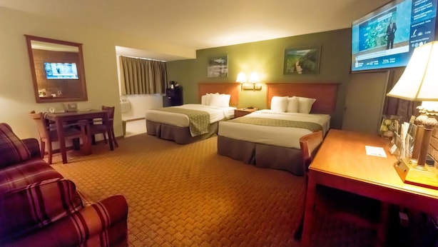 Habitación de hotel con dos camas, un escritorio, una silla, un televisor y una lámpara.