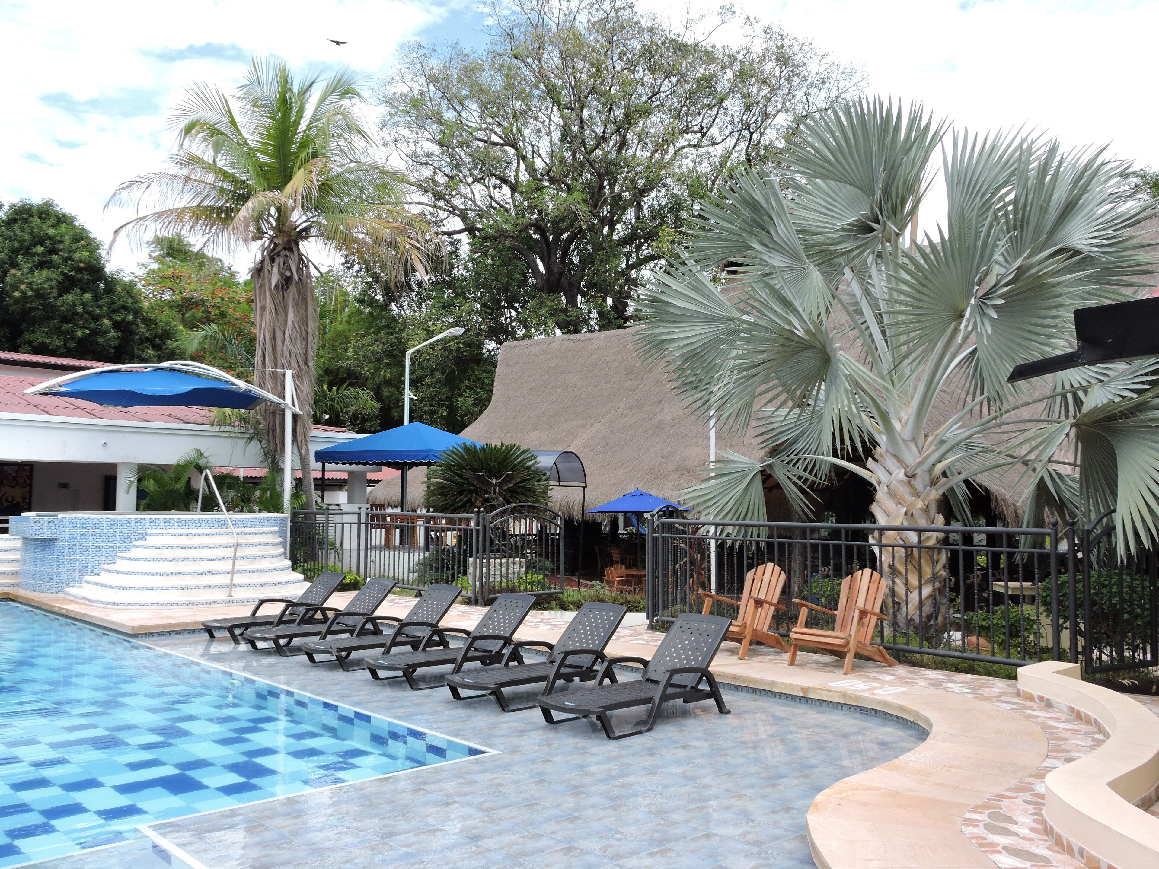 A swimming pool with lounge chairs, palm trees, and umbrellas.