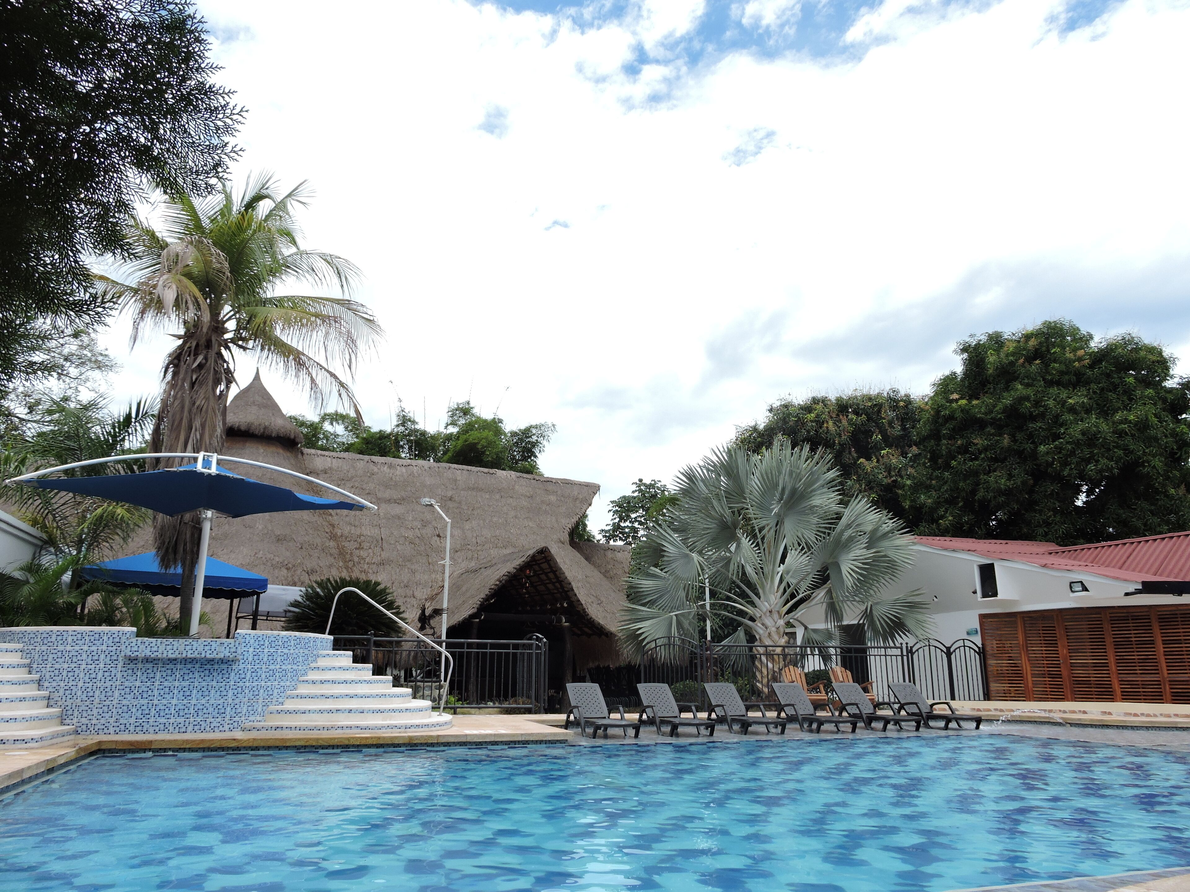 Une piscine avec des chaises longues et une structure surmontée d’un toit de chaume.