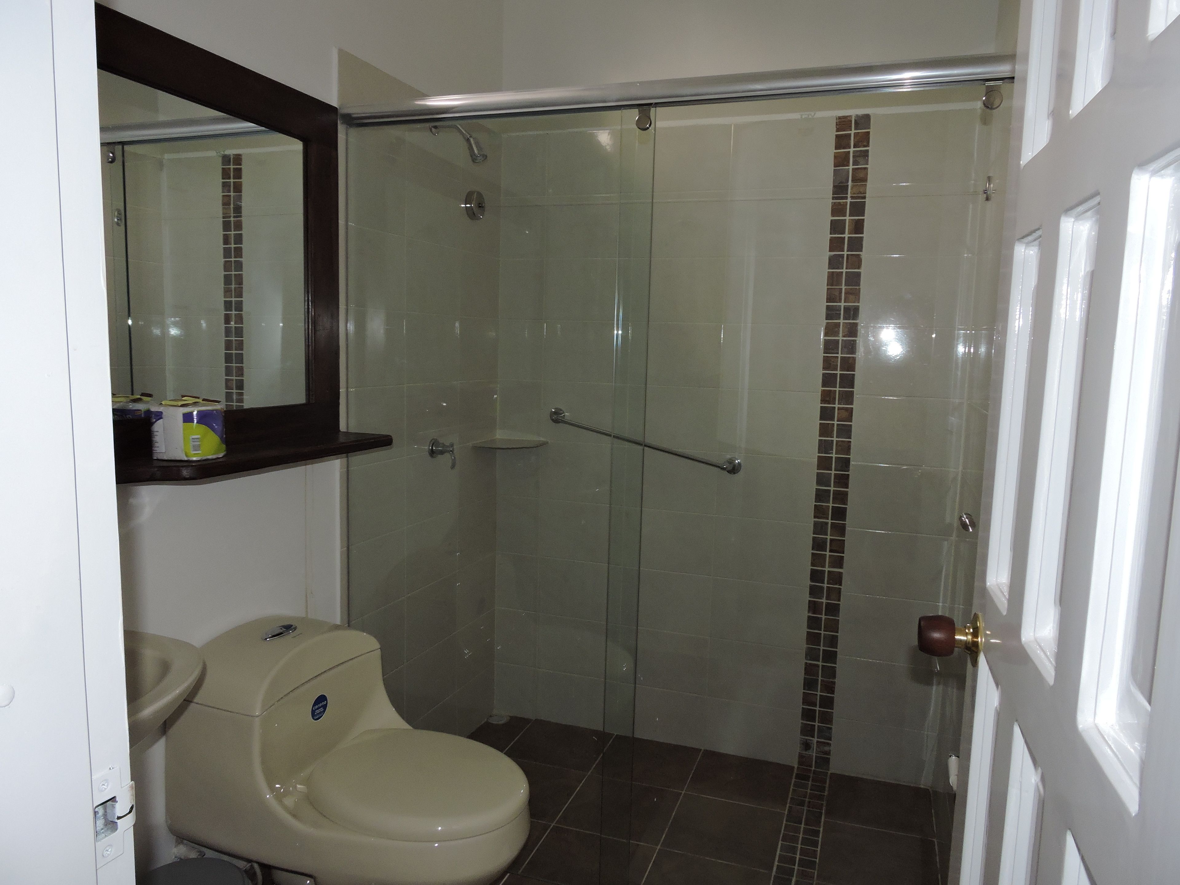 Un bagno con il water, una cabina doccia in vetro e uno specchio sopra il lavandino.