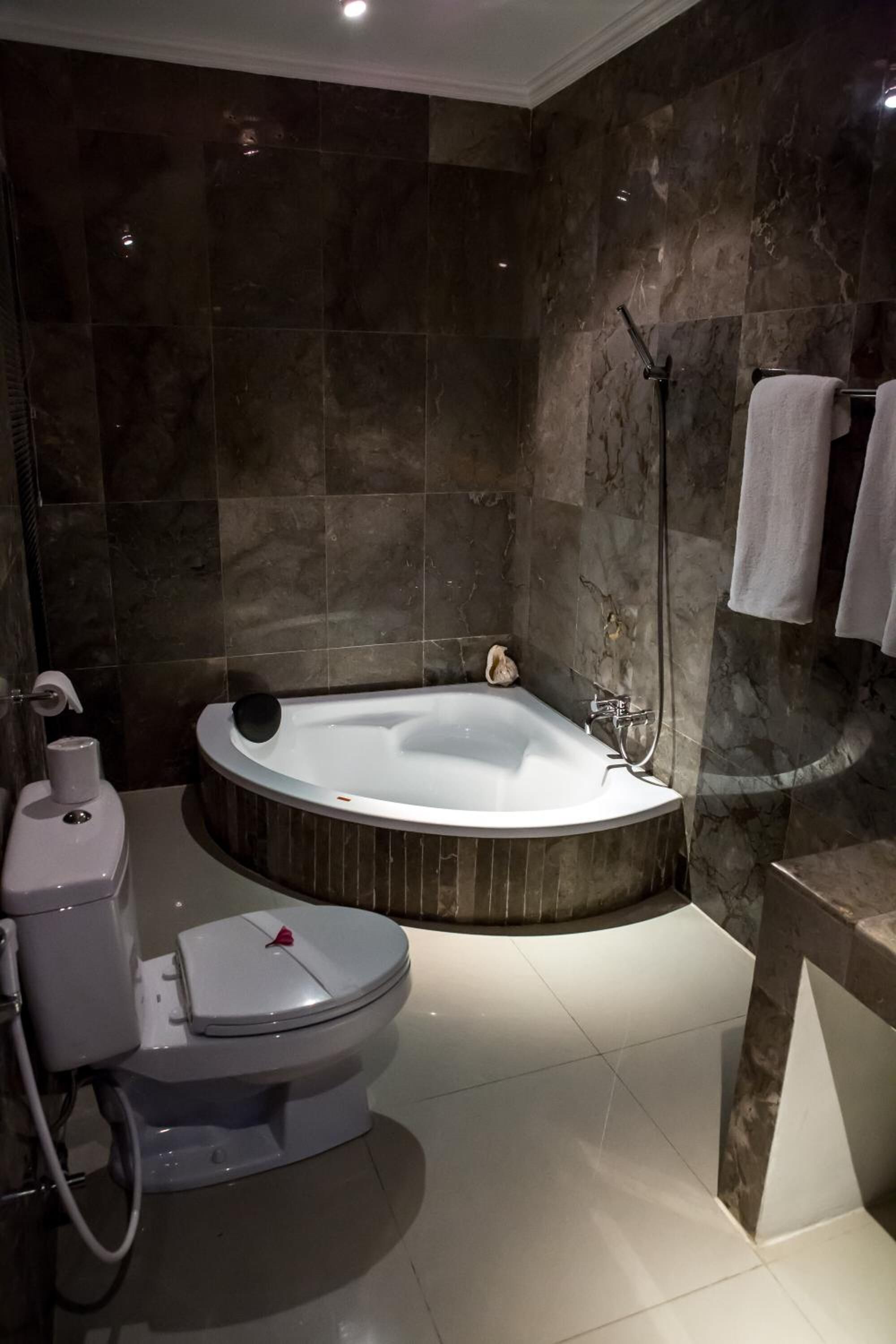 separate bathtub and shower, free toiletries, hair dryer, slippers