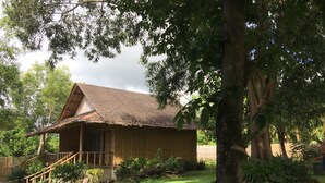 A rustic house with a thatched roof, surrounded by a well-maintained garden with a small pond and a wooden fence. - Bohol Lahoy Dive Resort (Guindulman)
