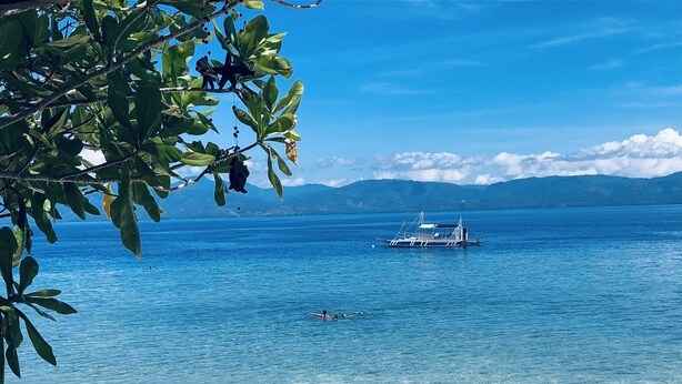 A beach with clear water, a boat, and distant mountains. - Club Serena Resort (Moalboal)