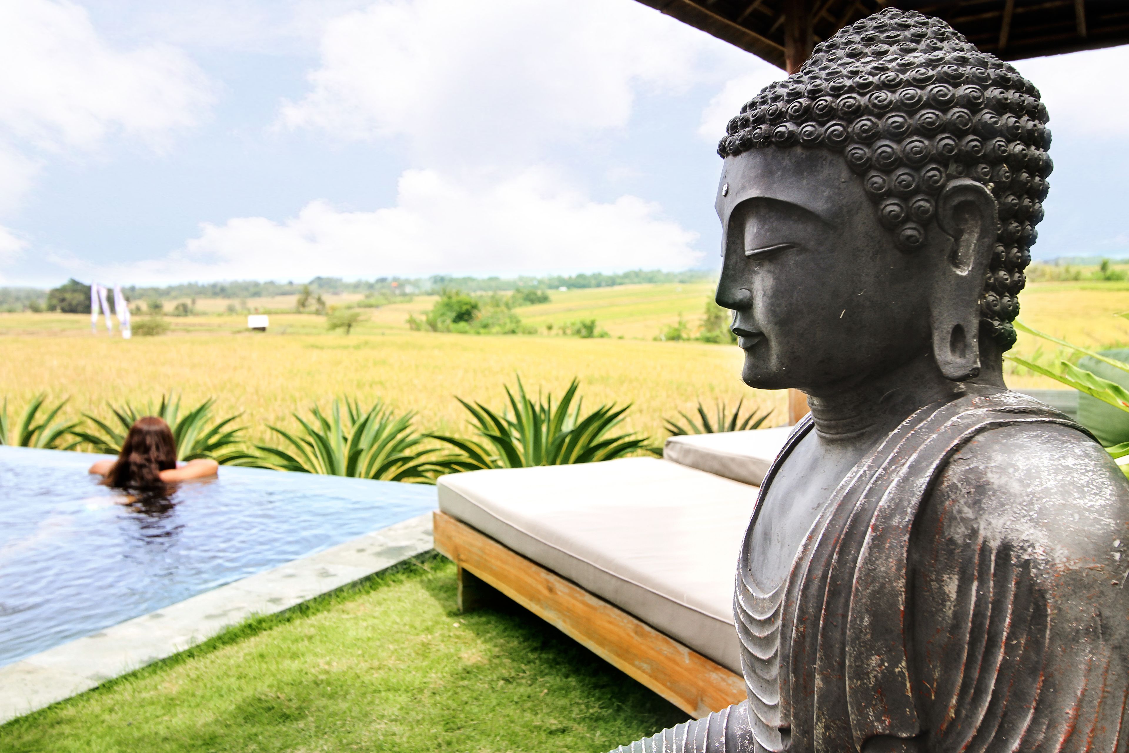 A Buddha statue in a garden with a pool and a view of a field.