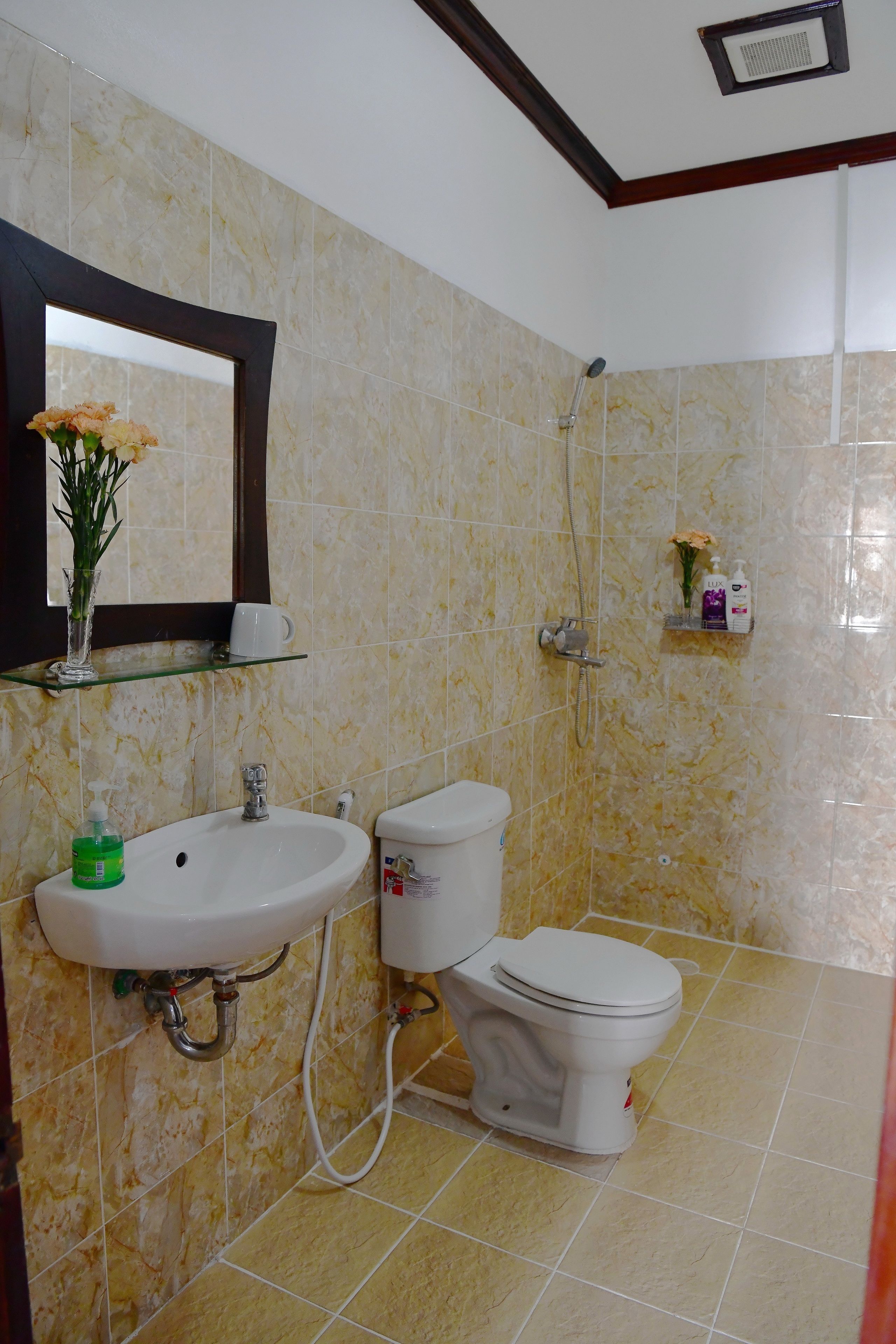 hydromassage showerhead, designer toiletries, hair dryer, slippers