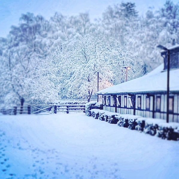 A snow-covered landscape with a building that has a traditional architectural style, featuring a gabled roof and wooden siding.