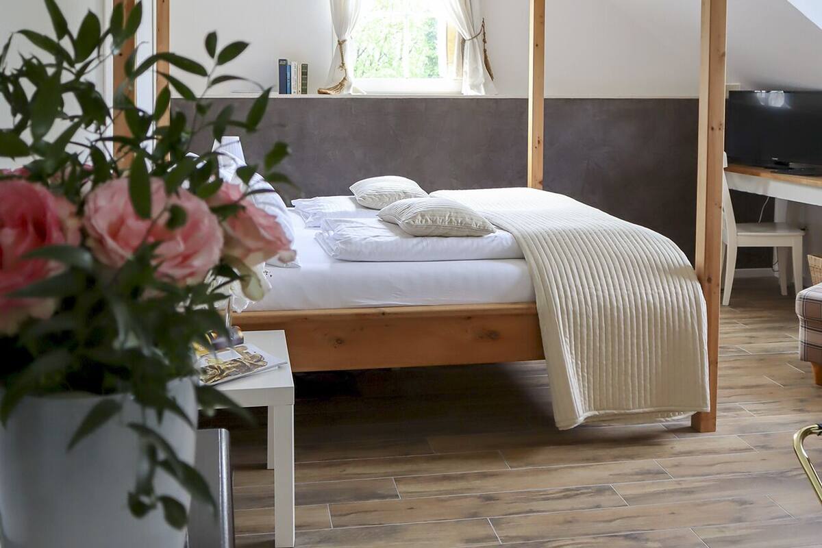 A bedroom with a wooden four-poster bed, a bedside table, a TV, and a potted plant.