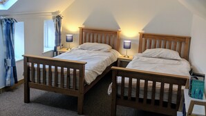 A bedroom with two wooden beds, a skylight, and a small bedside table with a lamp. - Apple Loft (Alford)