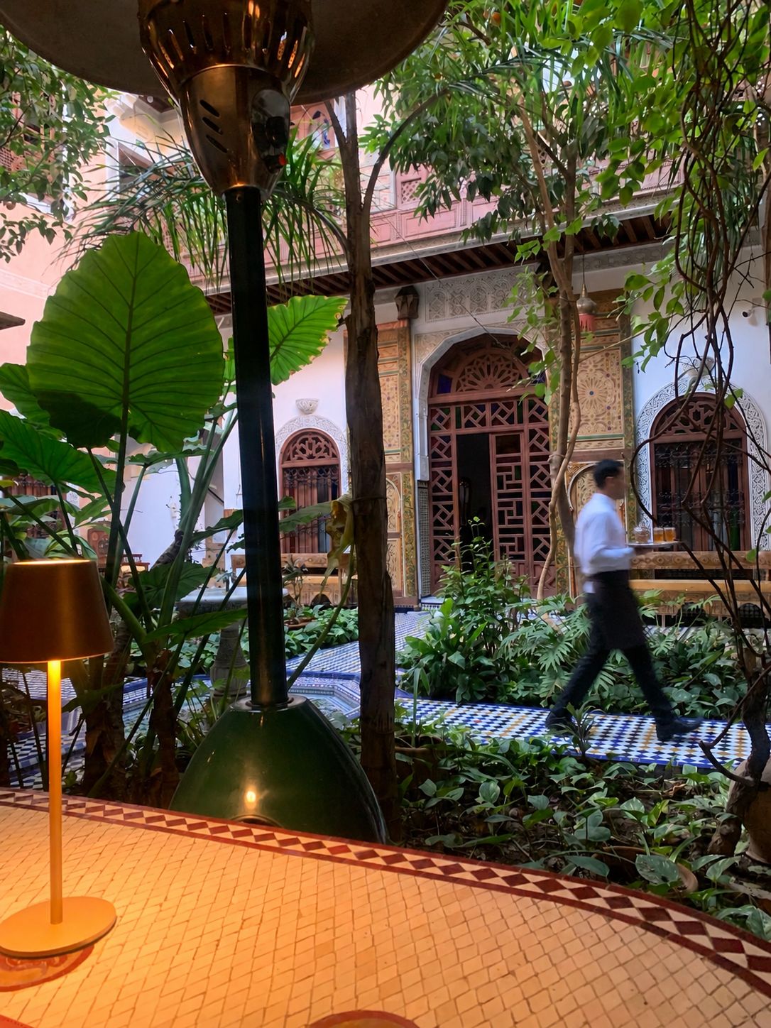 Pátio com piso de azulejos, grandes plantas verdes e um edifício tradicional com portas ornamentadas ao fundo.