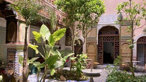 A courtyard with a fountain, tiled floor, and lush greenery. - Riad TOYOUR (Fes)