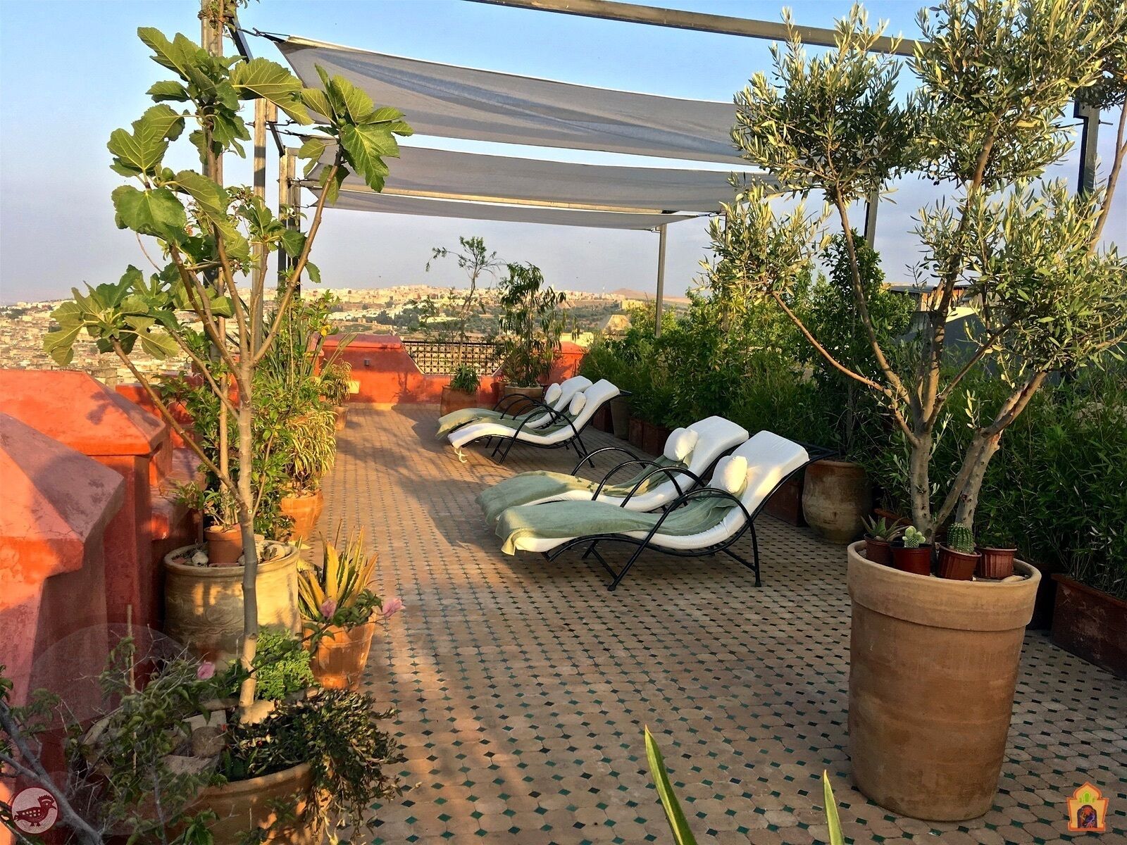 A rooftop terrace with lounge chairs, potted plants, and a view of the cityscape.