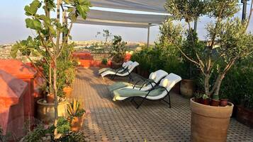 A rooftop terrace with lounge chairs, potted plants, and a view of the cityscape.