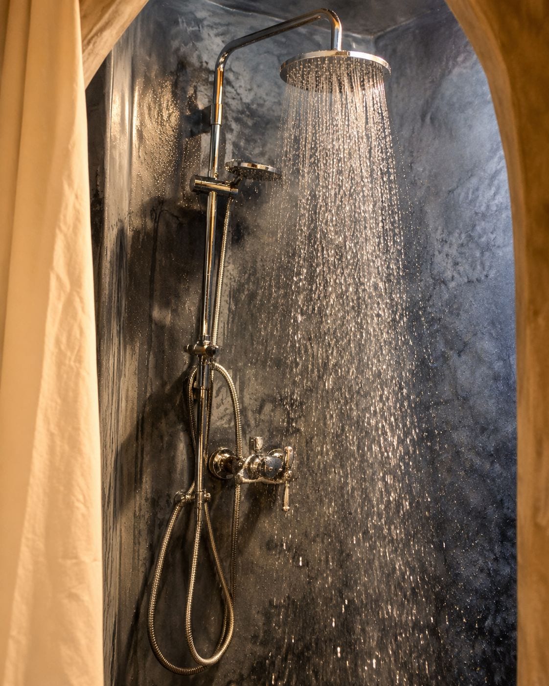 A shower with a handheld hose and a wall-mounted showerhead.