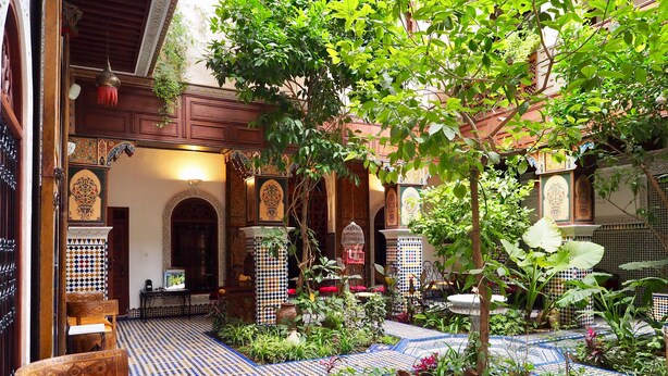 A courtyard with patterned tiles, a fountain, and a variety of plants. - Riad TOYOUR (Fes)