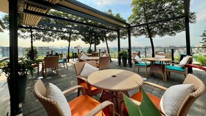 Una terraza en la azotea con mobiliario de mimbre, plantas en macetas y vistas a la ciudad.