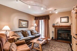 Televisión, chimenea, reproductor de DVD