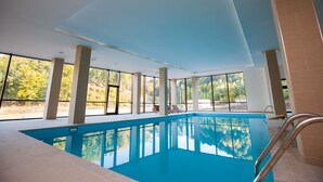 An indoor swimming pool with large windows and a view of trees.