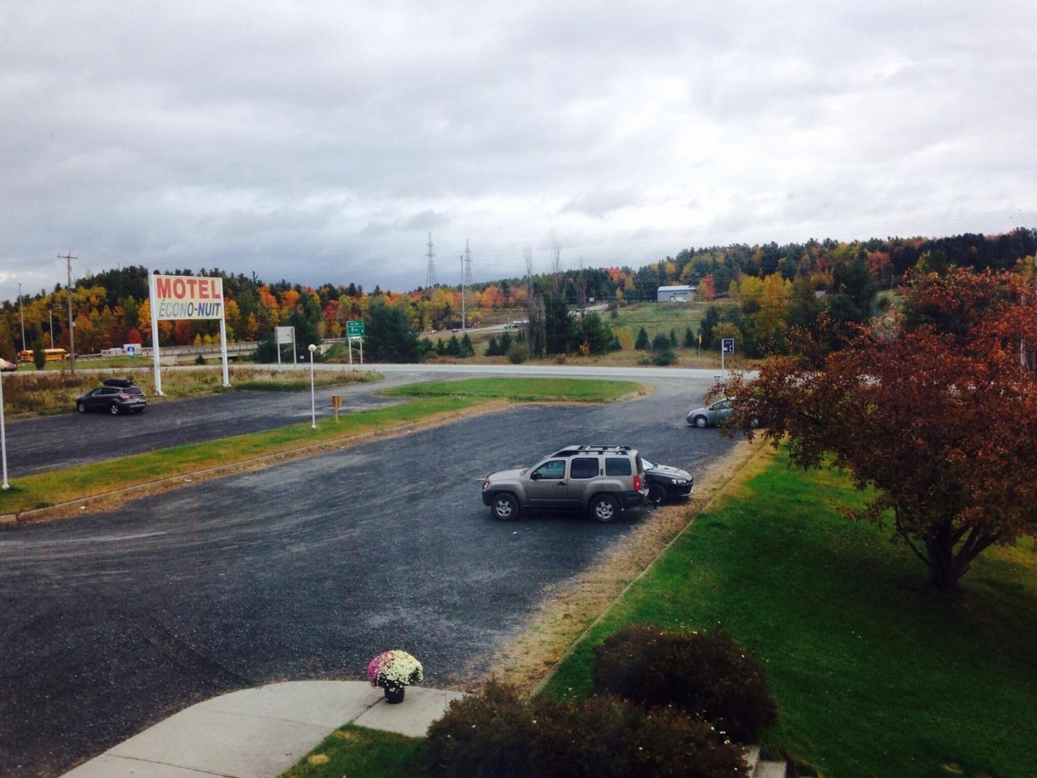 A motel sign, a parking lot, and autumn foliage.