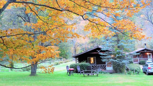 A cabin with a porch, a lawn, and a car parked nearby. - Cold Spring Lodge (Big Indian)