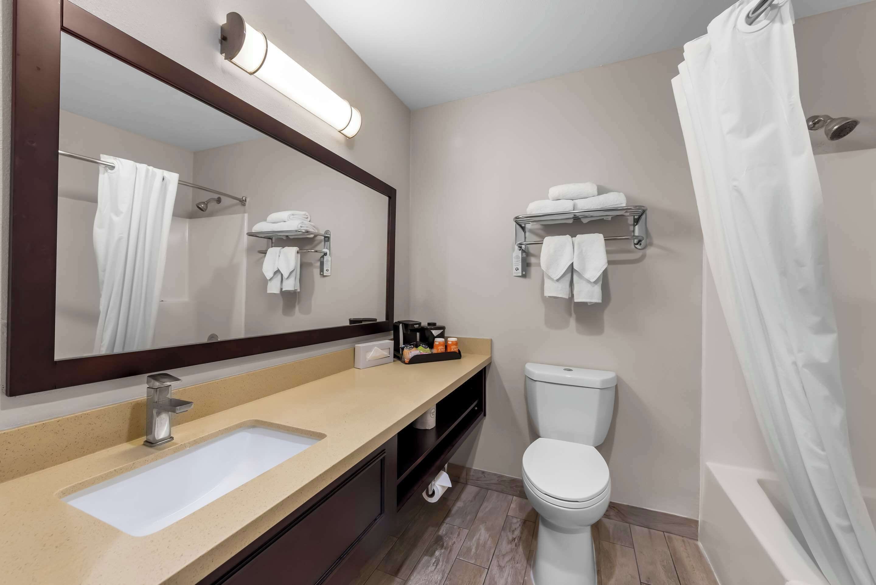 A modern bathroom with a sink, toilet, and shower.